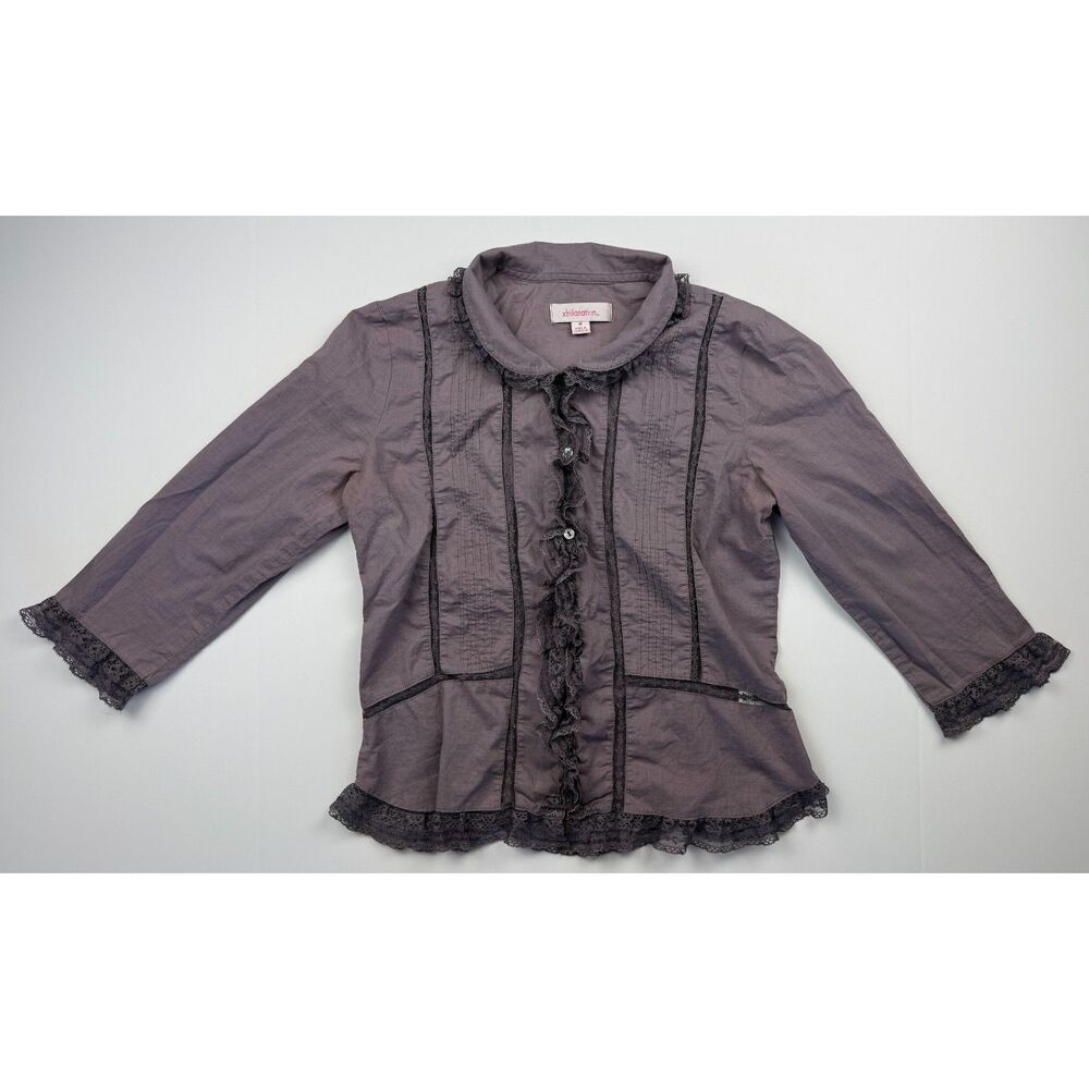 Xhilaration Gray Cotton Blouse Black Lace Trim Size M
